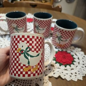 VTG K.I.C. Korea Green Ribbon Goose Coffee Mug Tea Cup EUC set of 4